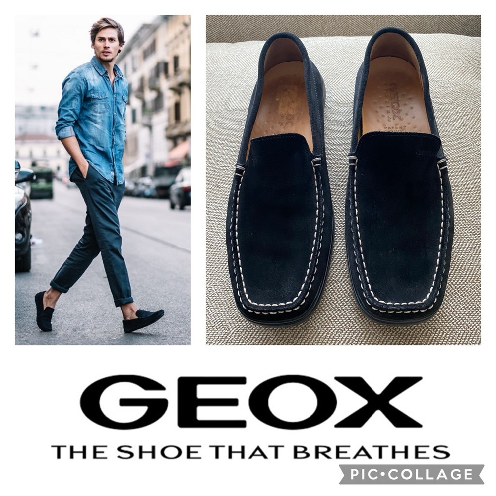 Geox Respira Men’s Driving Loafer. Black Suede W/Cream White Stitching, Size 44.